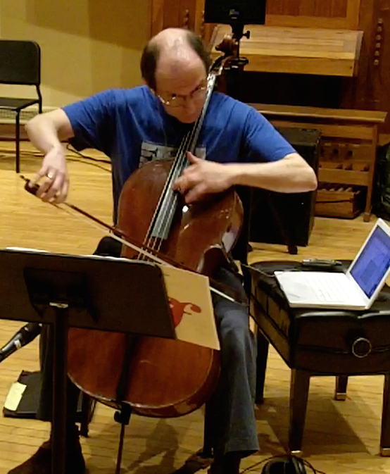 Rehearsal for Jonathan Harvey's Ricercare una melodia for solo cello and electronics, BEAMS Festival at Brandeis University